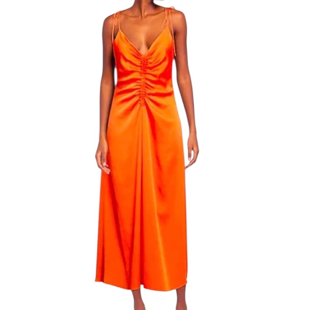 Jason Wu Orange Satin Ruched Sleeveless Open Back Midi Slip Dress Semi Formal